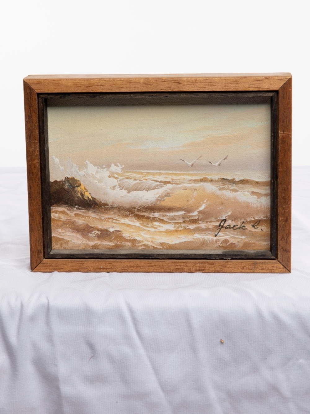 Vintage Painting of waves at the beach and seaguls - 8in x 6in